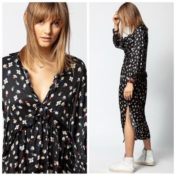 Zadig & Voltaire Reacty Floral Vintage Long Sleeve Slit Ruffle Midi Dress Black - Picture 1 of 12